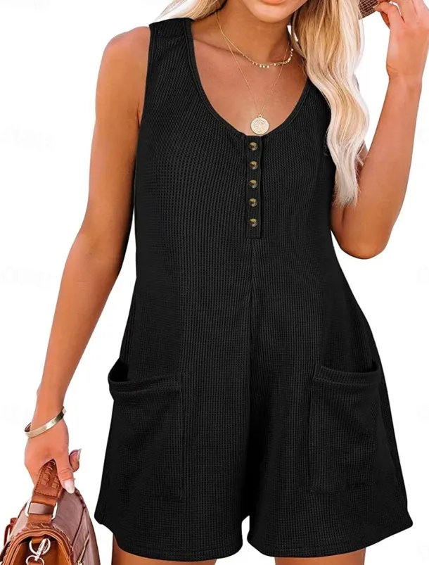 Women's Normal Romper Active Solid Color Sleeveless V Neck Buttons Pocket Vacation Daily Regular Fit Black Pink Summer