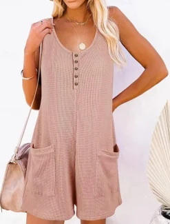 Women's Normal Romper Active Solid Color Sleeveless V Neck Buttons Pocket Vacation Daily Regular Fit Black Pink Summer