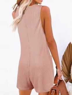 Women's Normal Romper Active Solid Color Sleeveless V Neck Buttons Pocket Vacation Daily Regular Fit Black Pink Summer