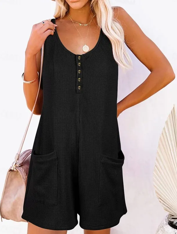 Women's Normal Romper Active Solid Color Sleeveless V Neck Buttons Pocket Vacation Daily Regular Fit Black Pink Summer