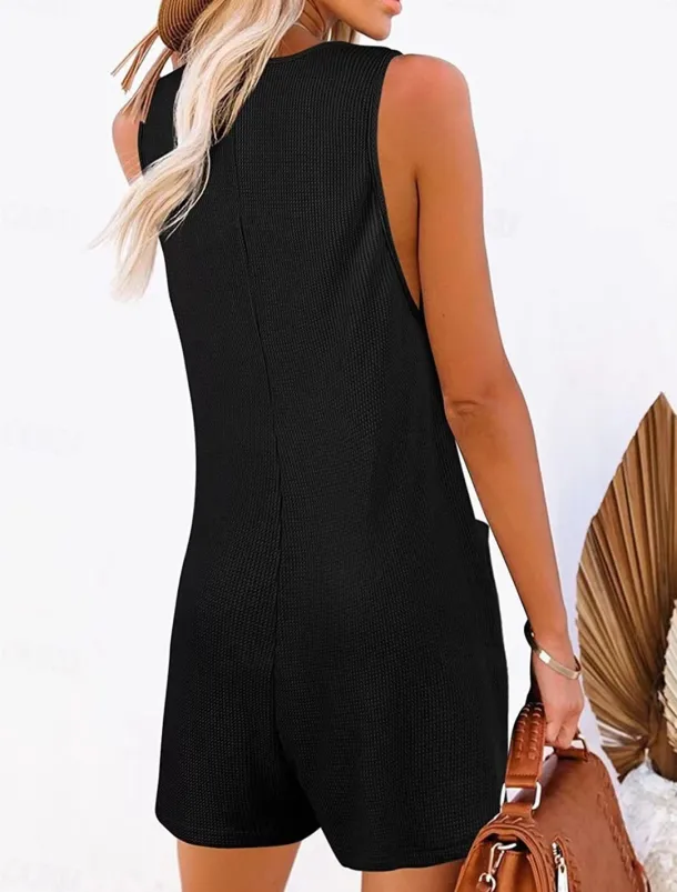 Women's Normal Romper Active Solid Color Sleeveless V Neck Buttons Pocket Vacation Daily Regular Fit Black Pink Summer