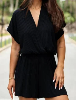 Women's Normal Romper Streetwear Solid Color Short Sleeve V Neck Street Daily Regular Fit Black White Fuchsia Summer