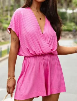 Women's Normal Romper Streetwear Solid Color Short Sleeve V Neck Street Daily Regular Fit Black White Fuchsia Summer