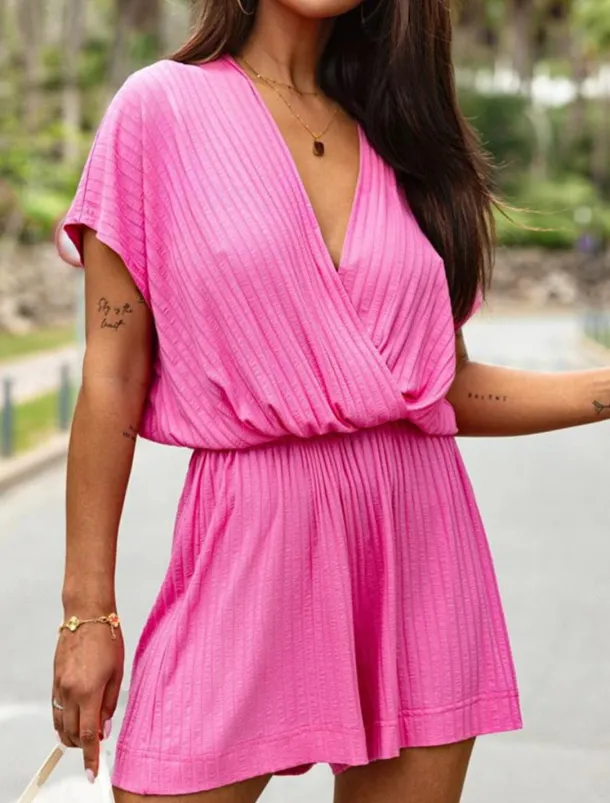 Women's Normal Romper Streetwear Solid Color Short Sleeve V Neck Street Daily Regular Fit Black White Fuchsia Summer