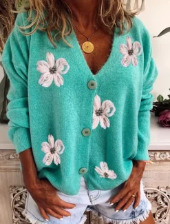 Women's Normal Sweater Cardigan Sweater Stylish Chic & Modern Casual Floral Maillard V Neck Embroidered Knitted Long Sleeve Knit Daily Holiday Red Green Spring Fall