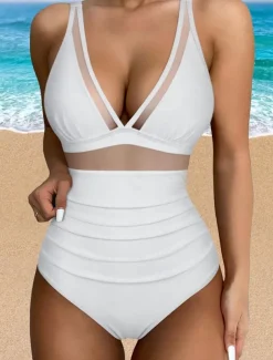 Women's Normal Swimwear Bikini Swimsuit Mesh Patchwork Beach Wear Holiday Solid Color Leopard Sleeveless Bathing Suits