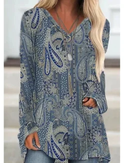 Women's Normal Tunic Graphic Geometric Tribal Vintage Western Ethnic Long Sleeve V Neck Long Tops Vacation Party Daily Patchwork Print Dusty Blue All Seasons