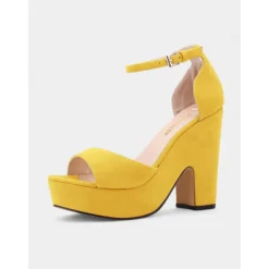 Women's Nude Suede Platform Block Heel Sandals - Chunky Ankle Strap Heels for Nightlife Parties and Club Outfits