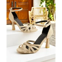 Women's Nude Suede Strappy Heels – 1950s Elegant Ankle Strap Open Toe Sandals for Wedding, Party & Summer Dressy Occasions