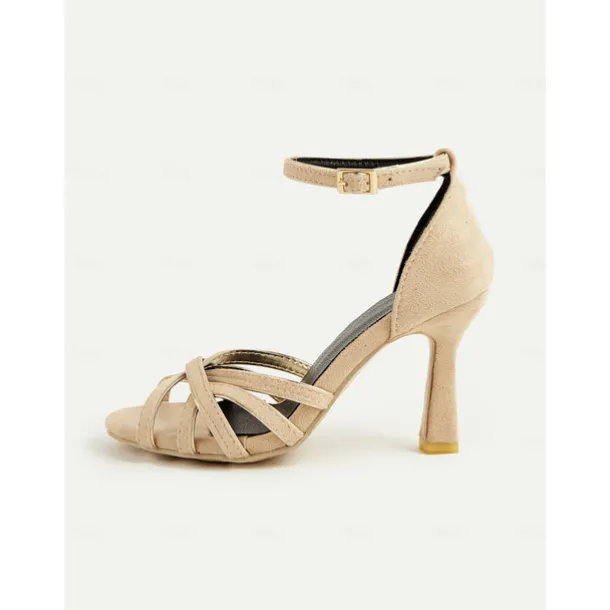 Women's Nude Suede Strappy Heels – 1950s Elegant Ankle Strap Open Toe Sandals for Wedding, Party & Summer Dressy Occasions