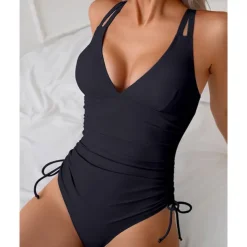 Women's One Piece Swimsuit Deep V Open Back Swimwear Solid Colored Swimwear Black Navy Blue Breathable Quick Dry Lightweight Sleeveless - Swimming Surfing Beach Summer Spring