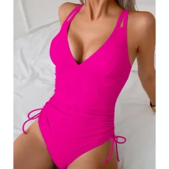 Women's One Piece Swimsuit Deep V Open Back Swimwear Solid Colored Swimwear Black Navy Blue Breathable Quick Dry Lightweight Sleeveless - Swimming Surfing Beach Summer Spring
