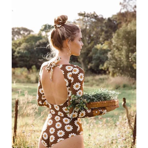 Women's One Piece Swimsuit Knotted Bodysuit Bathing Suit Floral Swimwear Coffee UV Sun Protection Breathable Quick Dry Long Sleeve - Swimming Surfing Beach Autumn / Fall Spring / Summer / Spandex