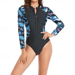 Women's One Piece Swimsuit Swimwear Patchwork Swimwear Black Breathable Quick Dry Lightweight Long Sleeve - Swimming Surfing Beach Summer Spring