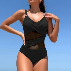 Women's One Piece Swimsuit V Neck Swimwear Solid Colored Swimwear Black Navy Blue Quick Dry Lightweight Breathable Sleeveless - Swimming Surfing Beach Summer Spring