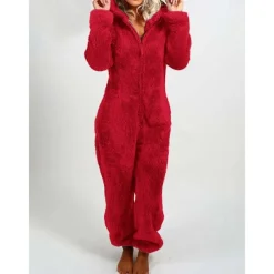 Women's One-Piece Hooded Pajama Solid Red Plush Fleece Long Sleeve Winter Sleepwear Cozy Homewear Comfort Fit Home Outfits