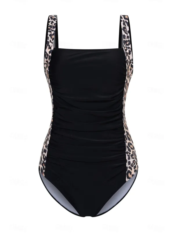 Women's One-Piece Tummy Control Bathing Suits Scoop Neck Leopard Print Panels Racerback Ruched Summer Beachwear Quick-Dry Stretch Fabric Full Size Black Swimsuit