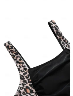 Women's One-Piece Tummy Control Bathing Suits Scoop Neck Leopard Print Panels Racerback Ruched Summer Beachwear Quick-Dry Stretch Fabric Full Size Black Swimsuit