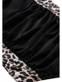 Women's One-Piece Tummy Control Bathing Suits Scoop Neck Leopard Print Panels Racerback Ruched Summer Beachwear Quick-Dry Stretch Fabric Full Size Black Swimsuit