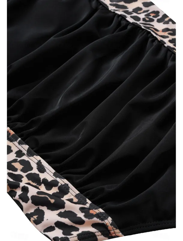 Women's One-Piece Tummy Control Bathing Suits Scoop Neck Leopard Print Panels Racerback Ruched Summer Beachwear Quick-Dry Stretch Fabric Full Size Black Swimsuit