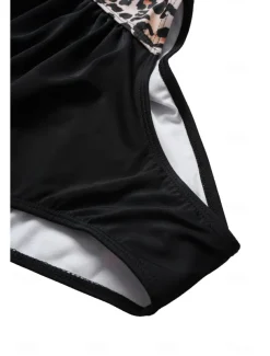 Women's One-Piece Tummy Control Bathing Suits Scoop Neck Leopard Print Panels Racerback Ruched Summer Beachwear Quick-Dry Stretch Fabric Full Size Black Swimsuit