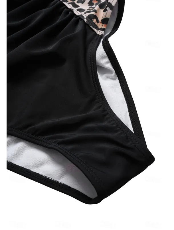 Women's One-Piece Tummy Control Bathing Suits Scoop Neck Leopard Print Panels Racerback Ruched Summer Beachwear Quick-Dry Stretch Fabric Full Size Black Swimsuit