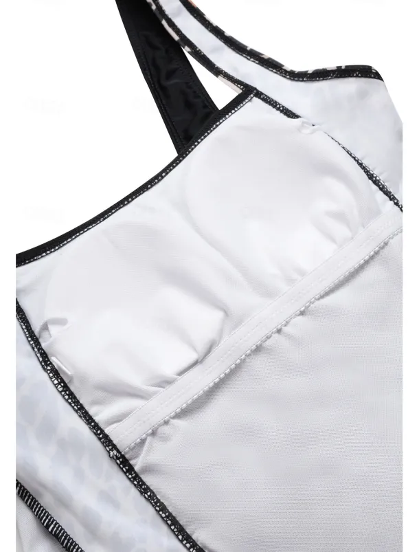 Women's One-Piece Tummy Control Bathing Suits Scoop Neck Leopard Print Panels Racerback Ruched Summer Beachwear Quick-Dry Stretch Fabric Full Size Black Swimsuit