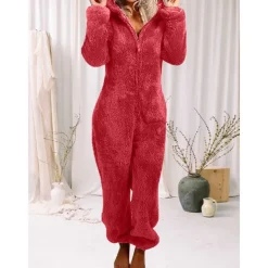 Women's Onesie Pajama Plush Fleece Bear Ear Hoodie Red Full-Length Winter Warmth Cozy Loungewear Zippered Sleepwear Casual Home Home Outfits