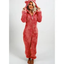Women's Onesie Pajama Plush Fleece Bear Ear Hoodie Red Full-Length Winter Warmth Cozy Loungewear Zippered Sleepwear Casual Home Home Outfits