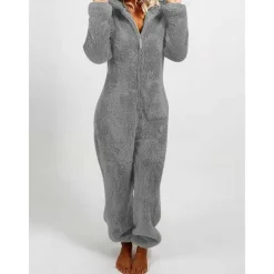 Women's Onesie Pajama Plush Fleece Bear Ear Hoodie Red Full-Length Winter Warmth Cozy Loungewear Zippered Sleepwear Casual Home Home Outfits