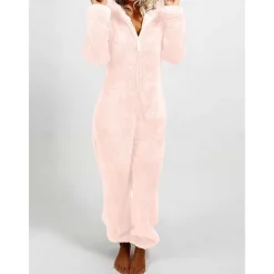 Women's Onesie Pajama Plush Fleece Bear Ear Hoodie Red Full-Length Winter Warmth Cozy Loungewear Zippered Sleepwear Casual Home Home Outfits