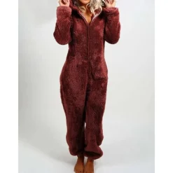 Women's Onesie Pajama Plush Fleece Bear Ear Hoodie Red Full-Length Winter Warmth Cozy Loungewear Zippered Sleepwear Casual Home Home Outfits