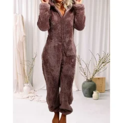 Women's Onesie Pajama Plush Fleece Bear Ear Hoodie Red Full-Length Winter Warmth Cozy Loungewear Zippered Sleepwear Casual Home Home Outfits