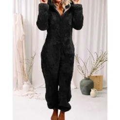Women's Onesie Pajama Plush Fleece Bear Ear Hoodie Red Full-Length Winter Warmth Cozy Loungewear Zippered Sleepwear Casual Home Home Outfits