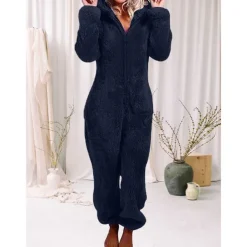Women's Onesie Pajama Plush Fleece Bear Ear Hoodie Red Full-Length Winter Warmth Cozy Loungewear Zippered Sleepwear Casual Home Home Outfits