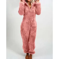 Women's Onesie Pajama Plush Fleece Bear Ear Hoodie Red Full-Length Winter Warmth Cozy Loungewear Zippered Sleepwear Casual Home Home Outfits