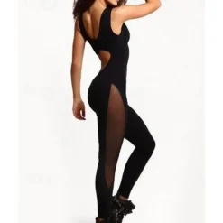 Women's Onesie Workout Sets See Through Solid Color Bodysuit Black Spandex Yoga Fitness Dance Moisture Wicking Sport Activewear Stretchy Slim