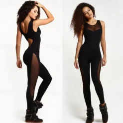 Women's Onesie Workout Sets See Through Solid Color Bodysuit Black Spandex Yoga Fitness Dance Moisture Wicking Sport Activewear Stretchy Slim