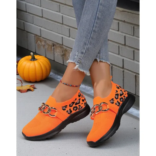 Women's Orange Flyknit Slip-On Sneakers with Leopard Print & Chain Detail – Trendy Chunky Sole Shoes for Halloween, Festivals & Streetwear