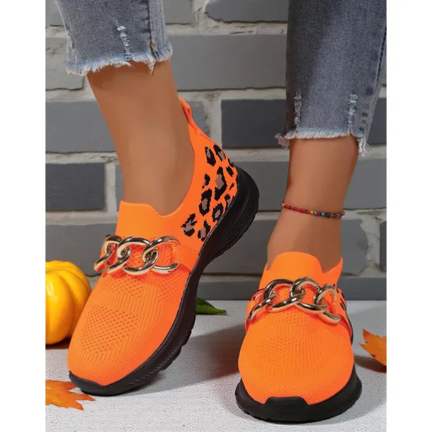 Women's Orange Flyknit Slip-On Sneakers with Leopard Print & Chain Detail – Trendy Chunky Sole Shoes for Halloween, Festivals & Streetwear