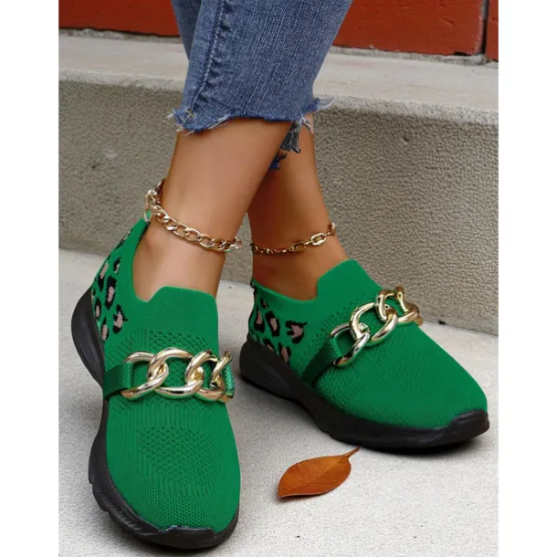 Women's Orange Flyknit Slip-On Sneakers with Leopard Print & Chain Detail – Trendy Chunky Sole Shoes for Halloween, Festivals & Streetwear