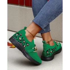 Women's Orange Flyknit Slip-On Sneakers with Leopard Print & Chain Detail – Trendy Chunky Sole Shoes for Halloween, Festivals & Streetwear