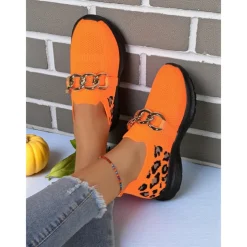 Women's Orange Flyknit Slip-On Sneakers with Leopard Print & Chain Detail – Trendy Chunky Sole Shoes for Halloween, Festivals & Streetwear