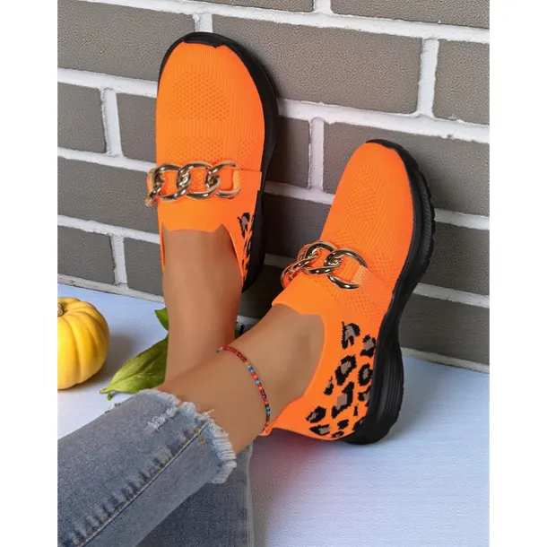 Women's Orange Flyknit Slip-On Sneakers with Leopard Print & Chain Detail – Trendy Chunky Sole Shoes for Halloween, Festivals & Streetwear