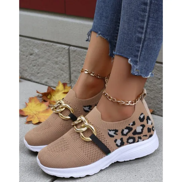 Women's Orange Flyknit Slip-On Sneakers with Leopard Print & Chain Detail – Trendy Chunky Sole Shoes for Halloween, Festivals & Streetwear