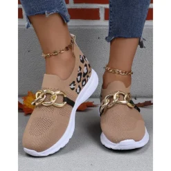 Women's Orange Flyknit Slip-On Sneakers with Leopard Print & Chain Detail – Trendy Chunky Sole Shoes for Halloween, Festivals & Streetwear