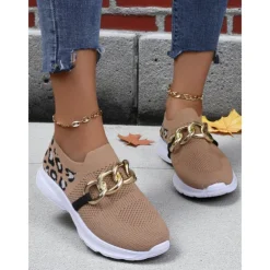 Women's Orange Flyknit Slip-On Sneakers with Leopard Print & Chain Detail – Trendy Chunky Sole Shoes for Halloween, Festivals & Streetwear