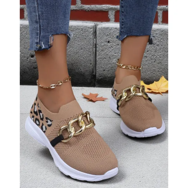 Women's Orange Flyknit Slip-On Sneakers with Leopard Print & Chain Detail – Trendy Chunky Sole Shoes for Halloween, Festivals & Streetwear