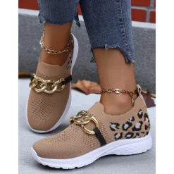 Women's Orange Flyknit Slip-On Sneakers with Leopard Print & Chain Detail – Trendy Chunky Sole Shoes for Halloween, Festivals & Streetwear