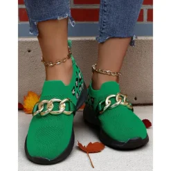 Women's Orange Flyknit Slip-On Sneakers with Leopard Print & Chain Detail – Trendy Chunky Sole Shoes for Halloween, Festivals & Streetwear